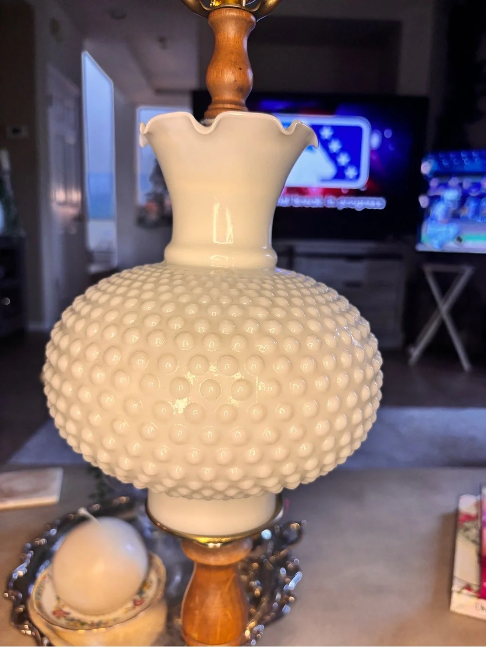 White Hobnail Glass Lantern Table Lamp with Brass Accents